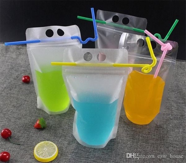 

4 styles 500ml Transparent Self-sealed Plastic Drink Packaging Bag Pouch for Beverage Juice Milk Coffee, with Handle and Holes for Straw