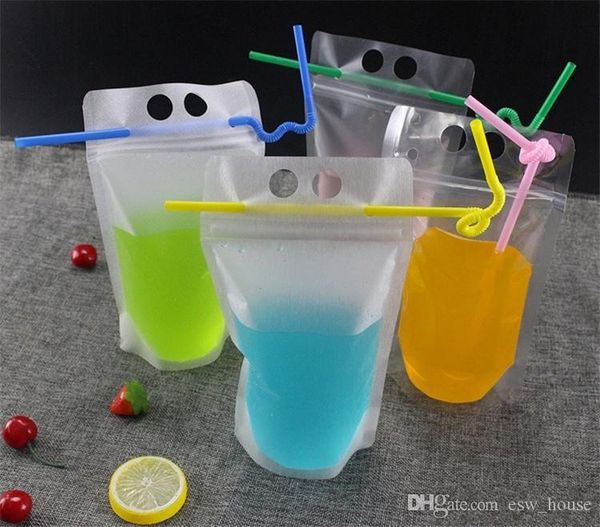 

4 styles 500ml transparent self-sealed plastic drink packaging bag pouch for beverage juice milk coffee, with handle and holes for straw