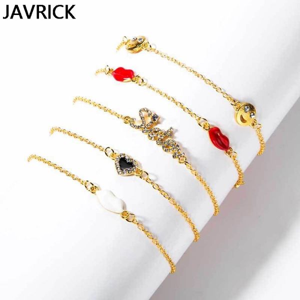 

5pcs sweet lips sisters crystal inlaid gold chain bracelet kit bracelet set women lady jewelry gift, Golden;silver
