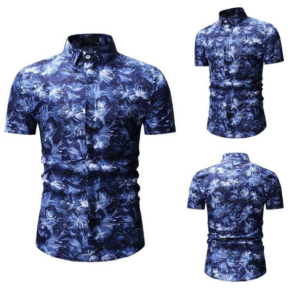 

men summer daily wear casual turndown collar short sleeve slim fit floral prints shirt, White;black