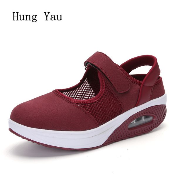 

women casual shoes flats fashion outdoor summer breathable mesh hook & loop height increasing woman platform plus size 35-42, Black