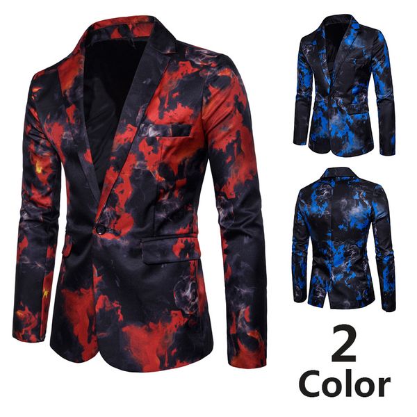 

2018 autumn and winter national characteristics slim blazer trend new men's self-cultivation one button printing ink paint suit, White;black
