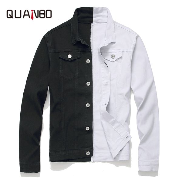 

quanbo 2019 осень зима новые куртки мужская мода черный белый лоскутное slim fit джинсовая куртка хип-хоп мужские джинсы пальто бренд, Black;brown