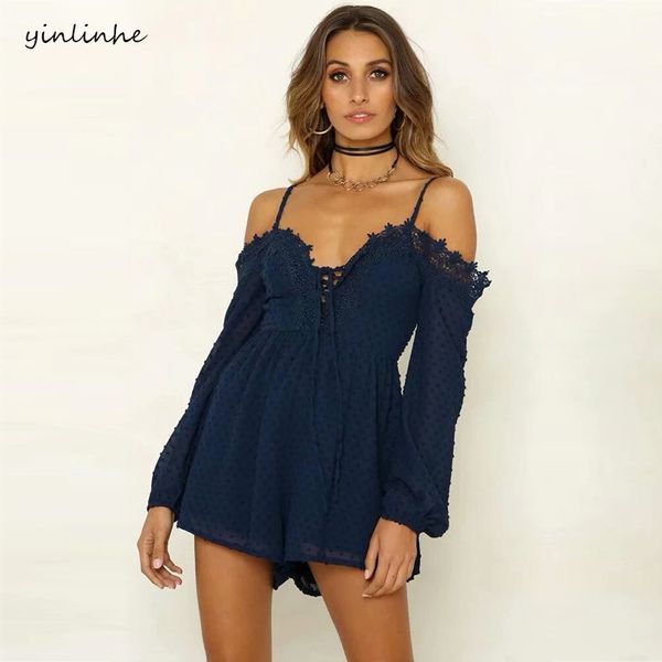 

yinlinhe blue strap playsuit long sleeve white polka dot short jumpsuit romper women v neck lace up hollow out overalls 563, Black;white