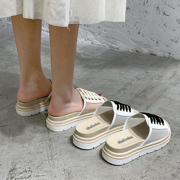 

shoes for girls slippers casual slides platform slipers women med lady luxury flat soft 2020 rubber lace-up fashion pu slippers, Black