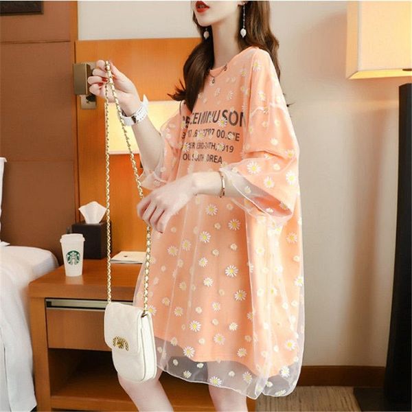 

qwjjj mesh is very coat t-shirt immortal stitching t-shirt women's short sleeves medium and long western style daisy fat mm fake two, White