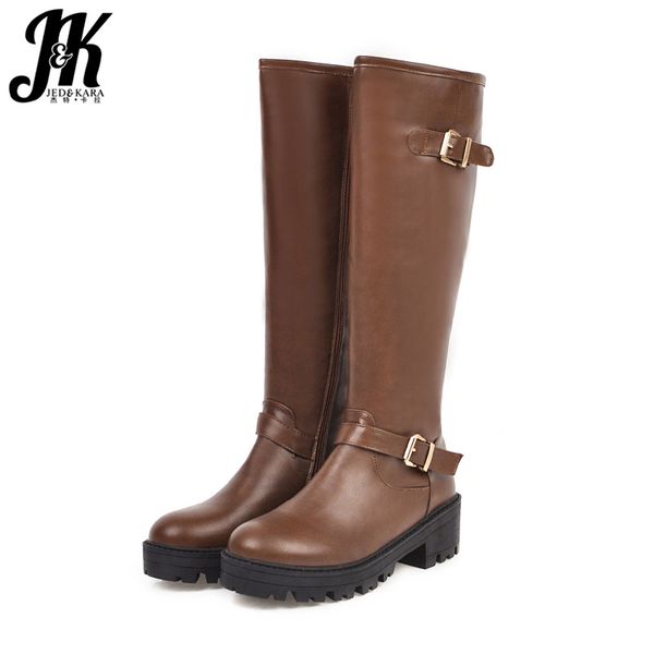 

jk motorcycle boots women platform knee high boot ladies round toe shoes female thick heels shoes winter 2020 big size 46, Black