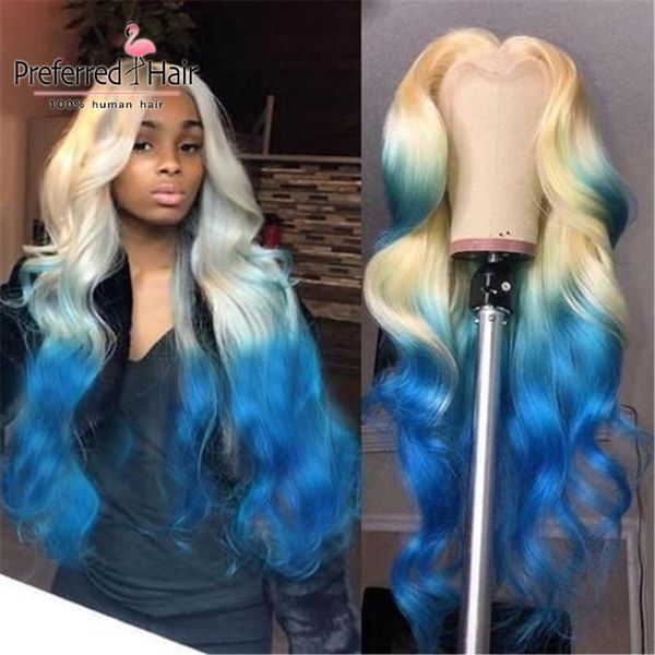 

preferred remy brazilian hair wigs ombre blue lace front wig with baby hair preplucked 13x6 lace front human wigs for wome, Black;brown