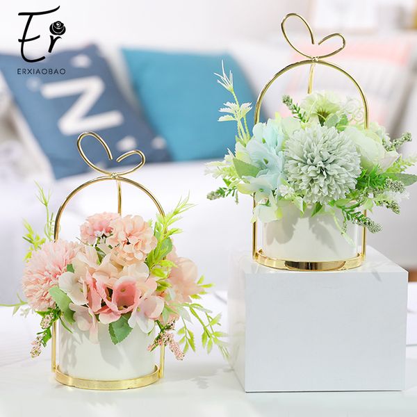 

erxiaobao fake flower bonsai with pot vase pompon chrysanthemum hydrangea peony artificial flowers wedding party home decor