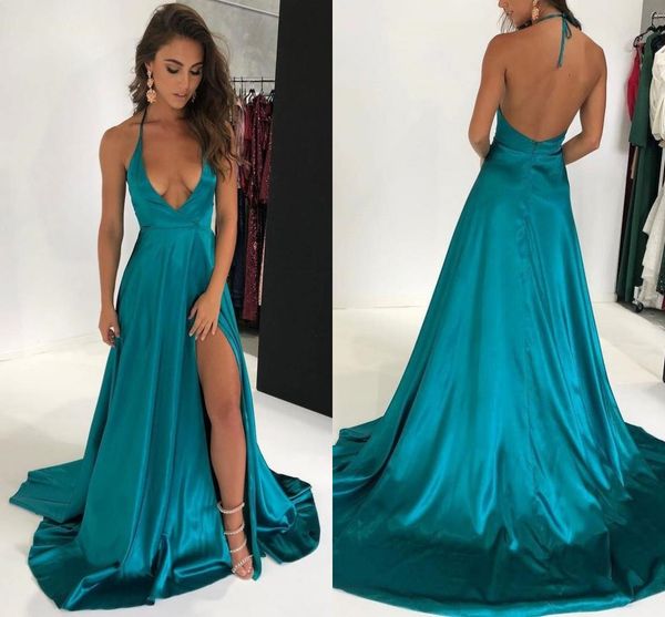 

chapel train a-line prom dresses with slit 2019 simple satin halter neckline hunter teal backless evening wear gowns, Black