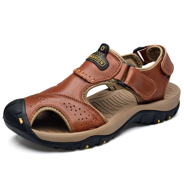 

fashion closed toe men's sandals genuine leather beach mens sandals 2019 non slip summer outdoor hiking shoes, Black