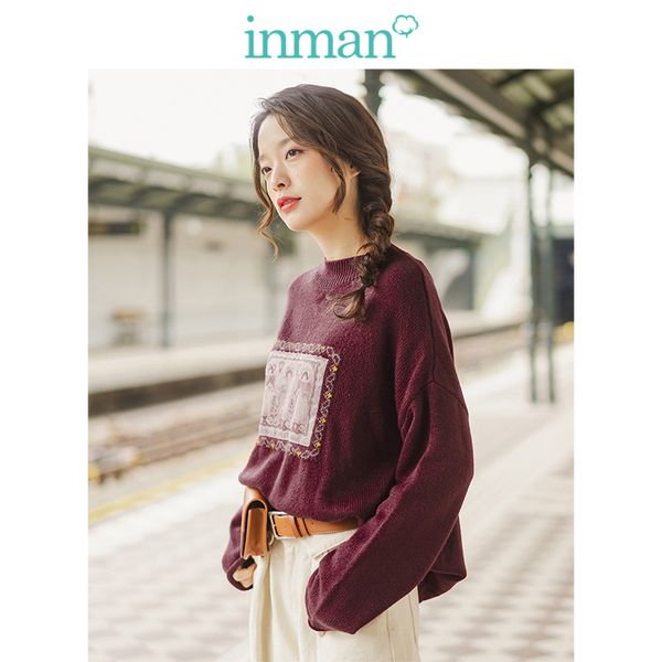 

women's sweaters inman 2021 winter arrival literary o-neck embroidery drop-shoulder sleeve loose women pullover, White;black