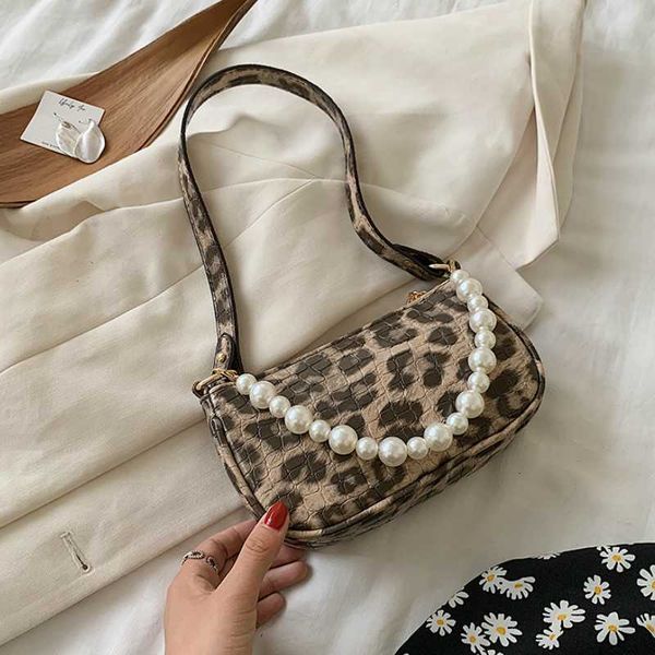 

leopard print pearl chain baguette bags mini pu leather shoulder bags for women 2020 chain design luxury hand bag female travel