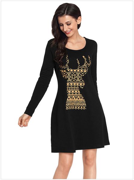 

милу deer женского desinger платье digital печатается с длинным рукавом o шея женского платья рождество casual женской одежда, Black;gray