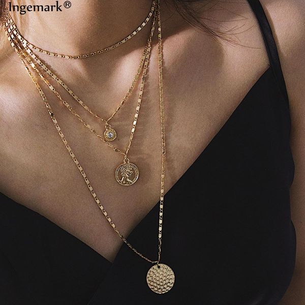 

ingemark multi layer carved coin choker necklace pendant boho vintage crystal flower plate long chain necklace couple jewelry, Silver