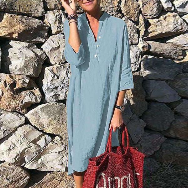 

zanzea women autumn v neck 3/4 sleeve long shirt dress casual buttons work ol sundress female loose solid cotton linen vestido, Black;gray