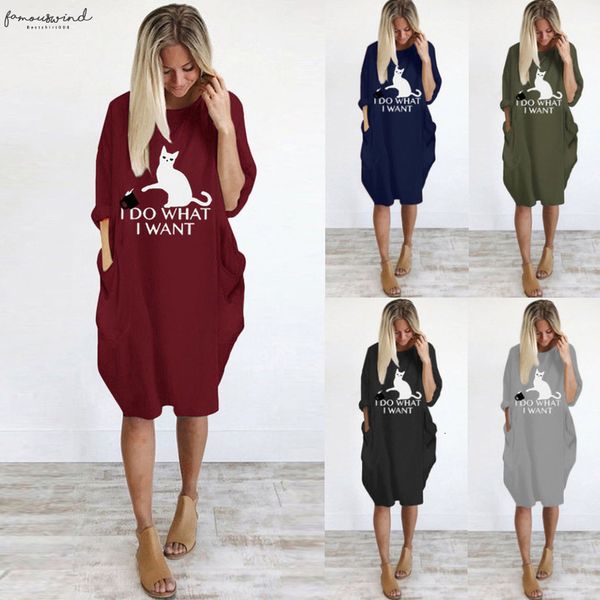 

dropshipping casual plus size fashion womens plus size loose dress crew neck printed casual pocket dress women, Black;gray