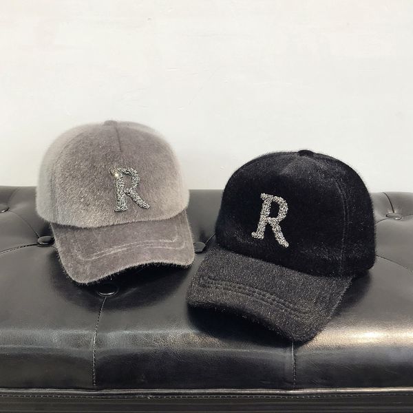 

solid color mink hair baseball hat rhinestone capital letters baseball hat autumn winter unisex, Blue;gray