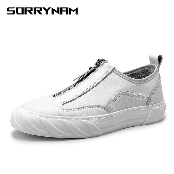

men's split leather casual shoes loafers comfortable vintage moccasin slip on rubber flats anti-skid zip opening black white
