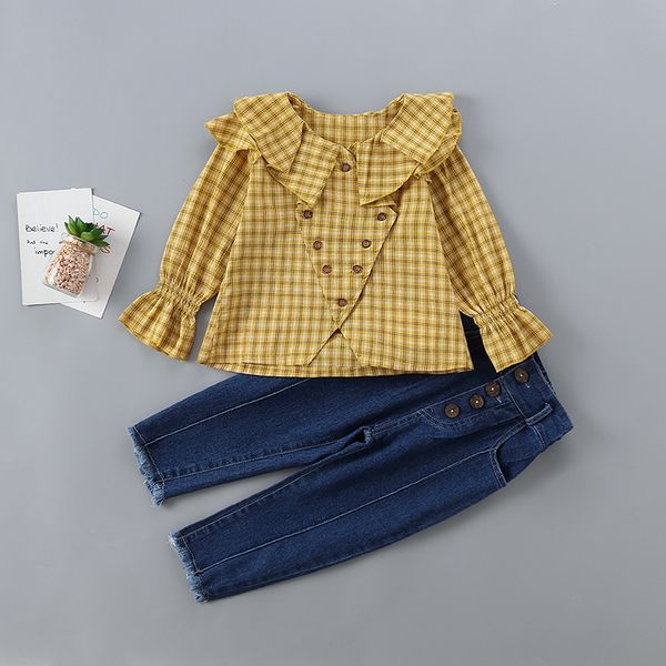 

2-7 years girl clothing set 2020 new spring autumn fashion plaid shirt +denim pant kid children girls clothing t200526, White