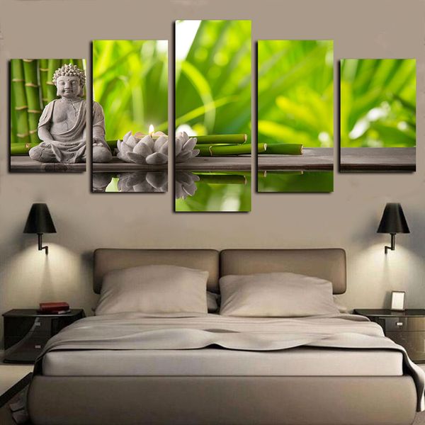 

5 panels canvas wall art statue of buddha lotus candle paintings bamboo pictures paintings giclee print on canvas oil paintngs artwork