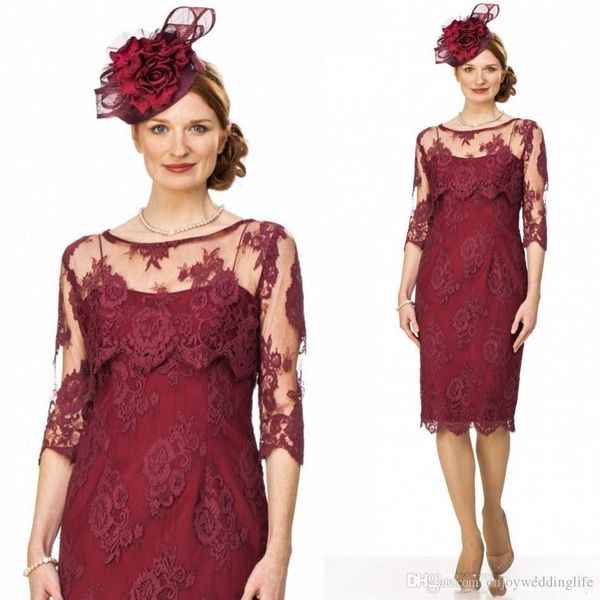 

elegant vintage burgundy lace mother of the bride dresses scoop half long sleeves mother of the grrom dresses plus size wedding party gowns, Black;red