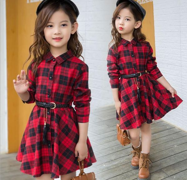 

girls' plaid dress 2020 children's spring clothing new middle and big children's waist closing dress trend kid clothes girls, Red;yellow