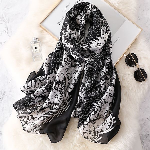 

new 2019 silk scarf lace floral print silk shawls foulard ladies sjaal bandana echarpe spain bufanda mujer
