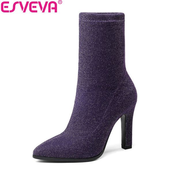 

esveva 2020 women boots stretch fabrics mid calf boots autumn shoes bling thin high heel pointed toe ladies size 34-43, Black