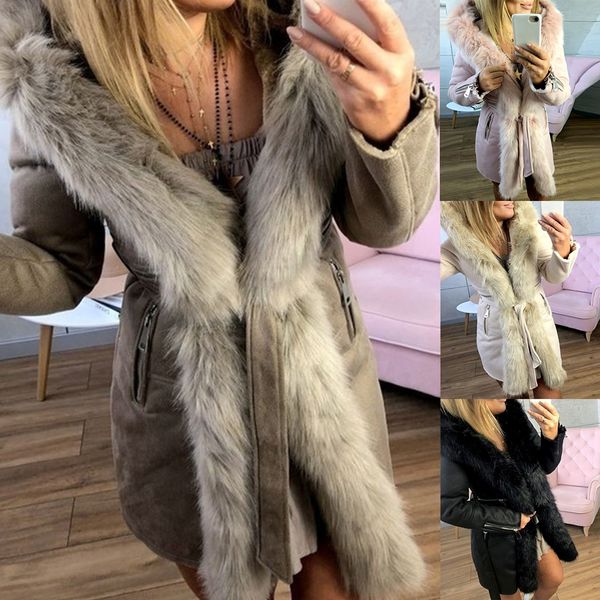 

2019 new warm autumn winter women hooded jackets solid belt plush collar parkas plus size ladies soft fur long coat outwear, Black