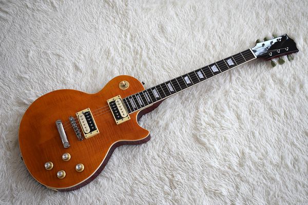 

Factory cu tom orange electric guitar with white binding body and neck hh pickup white pearl fret inlay can be cu tomized