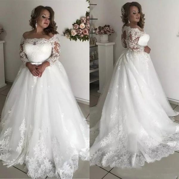 

2019 Plus Size A Line Wedding Dresses Off the Shoulder Lace Applique Ribbon Bow Tulle 3/4 Long Sleeves Country Wedding Gowns Bride Dress