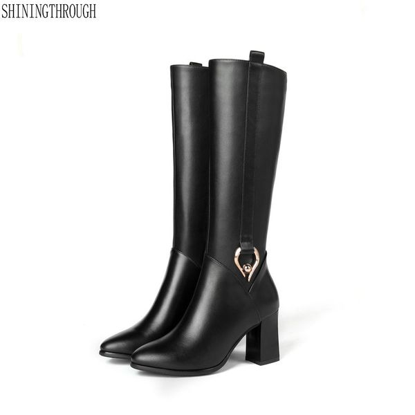 

women winter snow boots women genuine leather knee boots high heeled motorcycle shoes woman, Black