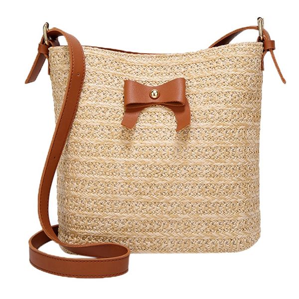 

women summer casual shoulder bow straw woven bucket crossbody bag(brown