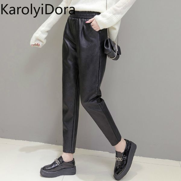 

2020 long trousers for women pu leather pencil pants elastic waist thick velvet female faux leather pants casual, Black;white