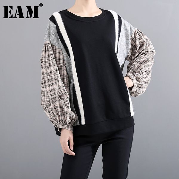 

eam] loose fit black plaid split sweatshirt new round neck long sleeve women big size fashion tide autumn winter 2019 1m821
