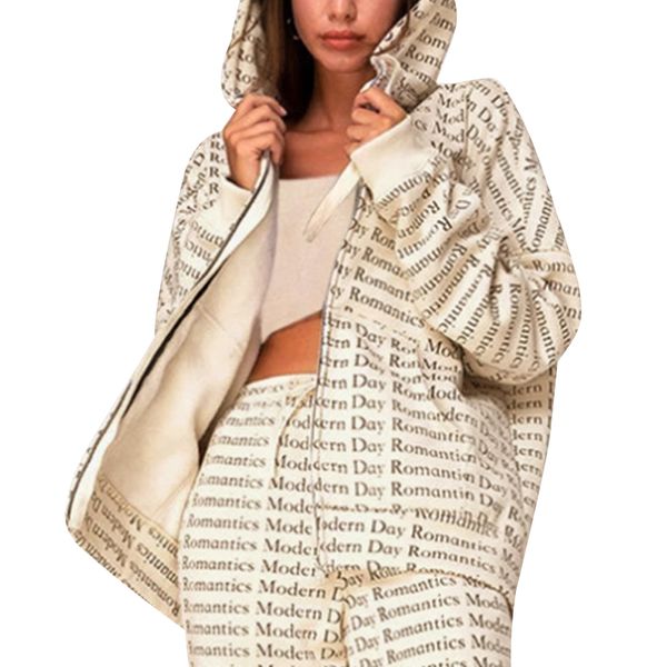 

full zip hoodie for women, women's long sleeve zip-up slouch hoody with modern day romantics slogan, beige, Black