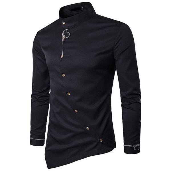

new 2018 spring autumn embroidery irregular oblique button brought high-grade l waiter men clothes camisa social shirts, White;black