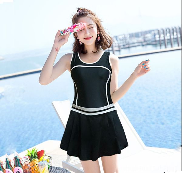 

one-piece swimsuit female solid color without steel support student sports one-piece boxer swimsuit high elasticity, White;black