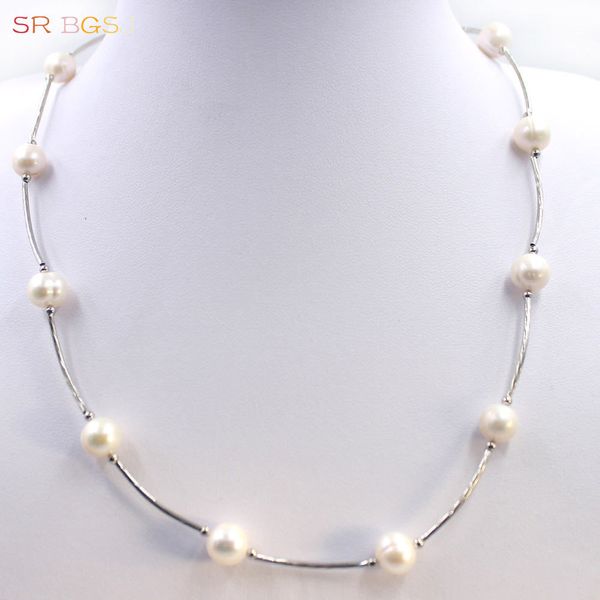

9-10mm nearly round freshwater pearl beads jewelry woman chains necklace 18inch, Silver