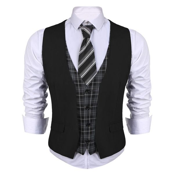 

men v-neck sleeveless plaid patchwork slim fit 4-button business, work business suit pocket vest, Black;white