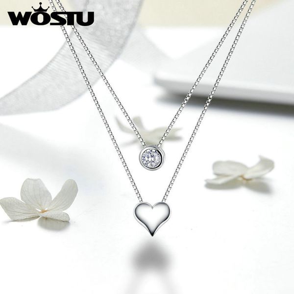 

wostu korean double pendant necklace love heart & circle round zircon long chain necklace for women wedding 925 jewelry ffn087, Silver