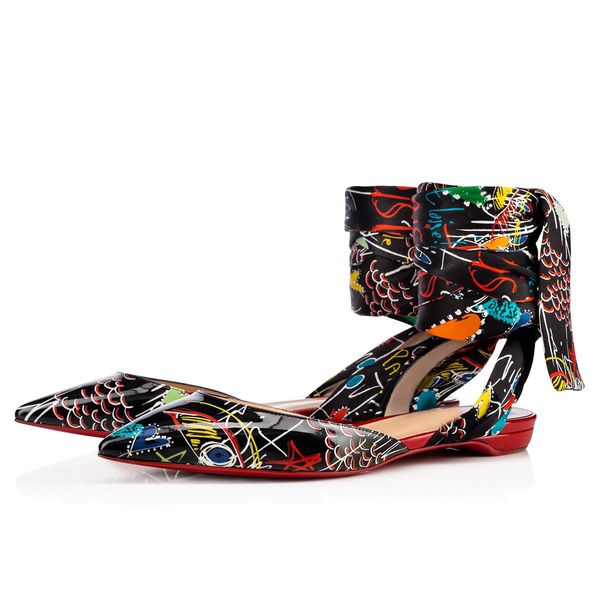 

fashion lahore flat red bottom ballerinas with graffiti patent-leather dress party point-toe ties at ankle ballet shoes, Black
