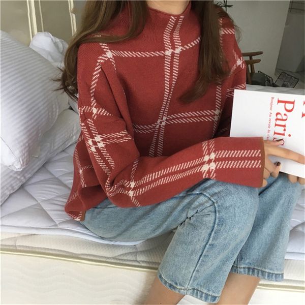 

autumn winter plaid women sweater half-turtleneck warm minimalist knitting pullovers female elegant ladies knitted jumpers, White;black
