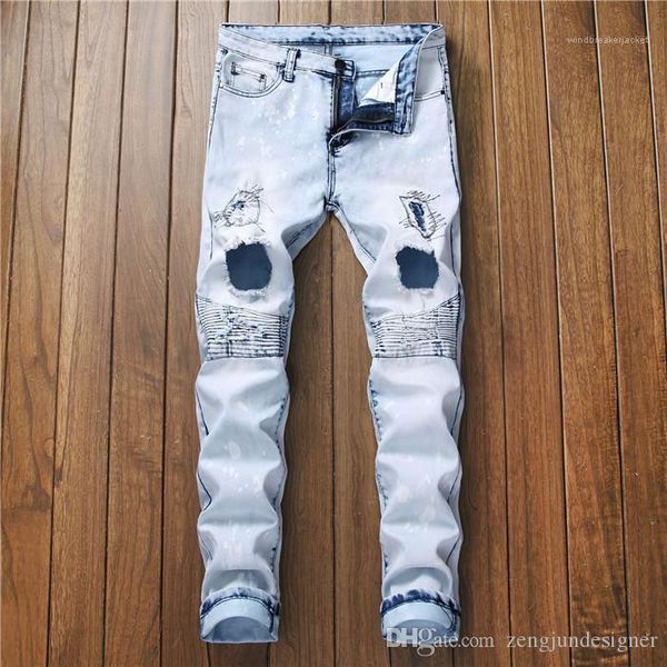 

zipper fly button homme clothing tennager hip hop fashion style casual apparel mens designer jeans hole solid color, Blue