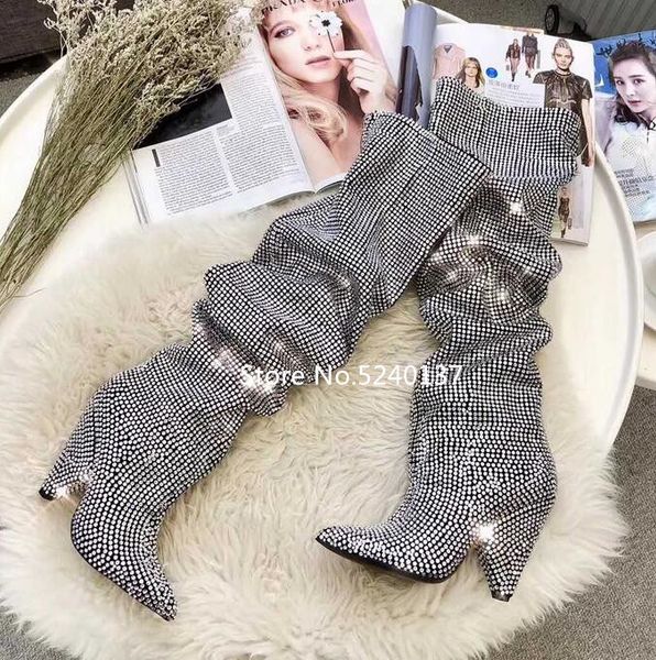 

bling rhinestones women knee-high boots pointed toe sequined cloth slip-on spike heel fashion high boots woman, Black