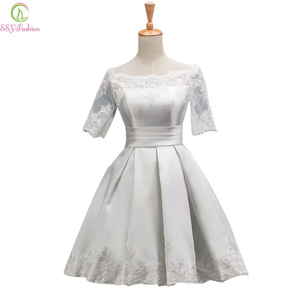 

ssyfashion bride роскошные атласные кружева вышивать с короткими рукавами aline лодка шеи вечернее платье банкет элегантный бальное платье п, White;black