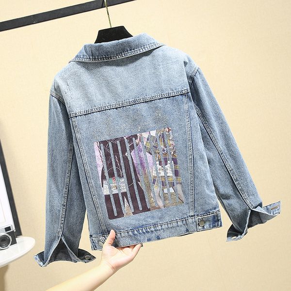 

tyhru autumn women lapel single breasted long sleeve pocket pattern diamond decorative denim jacket, Black;brown