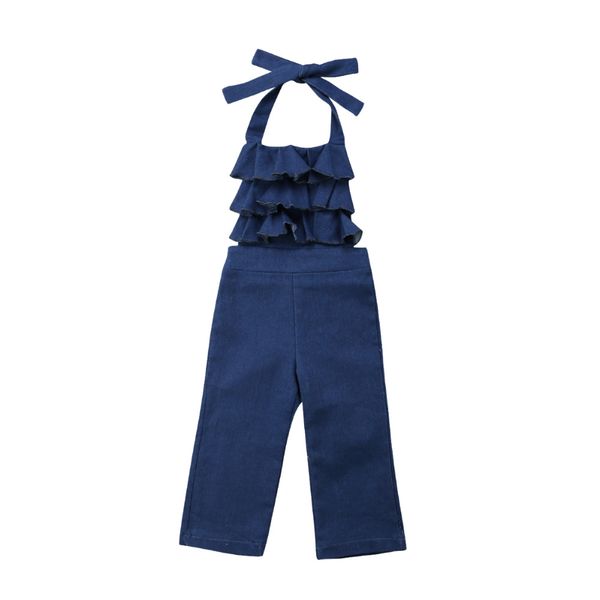 

fashion toddler kids baby girl sleeveless backless strap denim overall romper jumper bell bottom trousers summer clothes, Blue