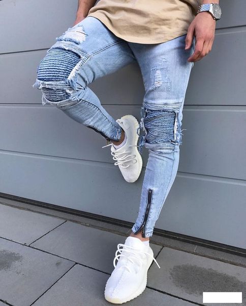 

new mens skinny jeans casual slim biker jeans denim knee hole hiphop ripped pants washed ing, Blue
